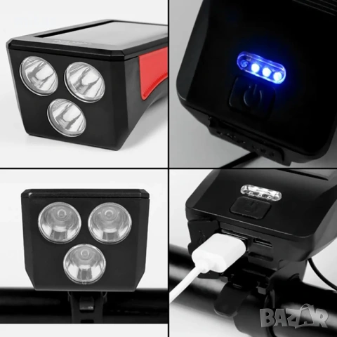 Соларна LED светлина за велосипед с клаксон - 350Lum, 120dB, 3 режима, снимка 10 - Аксесоари за велосипеди - 30315167