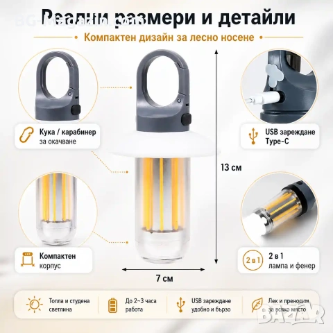 Мощна акумулаторна преносима LED лампа къмпинг осветление лед фенер за риболов туризъм палатка силна, снимка 5 - Къмпинг осветление - 51178731