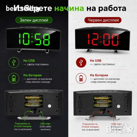 Електронен LED часовник с термометър настолен постоянно светещ на ток, снимка 5 - Други - 30360898