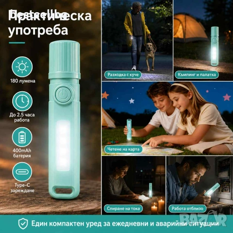 Акумулаторно LED фенерче Aerbes 180 лумена USB Type-C 400mAh с COB лампа и фокус, снимка 4 - Къмпинг осветление - 55154504