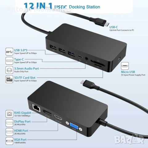 Докинг станция Rocketek SH701C USB-C 12 в 1 100W PD, снимка 6 - Лаптоп аксесоари - 54827800