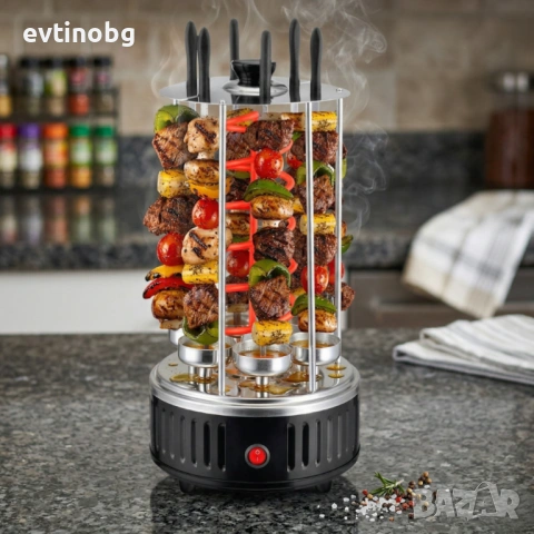 Електрическа скара за барбекю с 6 вертикални шиша – 1000W, автоматично въртене, без дим, снимка 3 - Скари - 54027641
