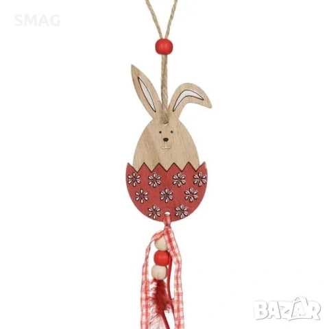 Великденска висяща дървена декорация – червено яйце със зайче, 5×50см_1200826