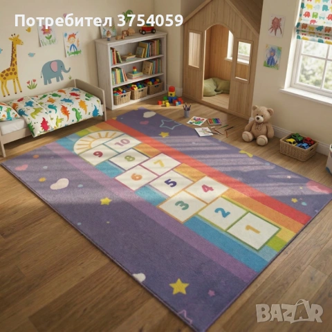 Детски килим за игра 120х160см - Тъмносин килим с облачета и дъга, противоплъзгащ и миещ се, снимка 4 - Килими - 55162690