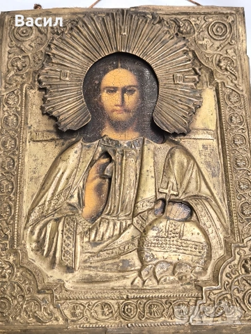 Старинна руска икона „Христос Вседържител“ с метален обков, снимка 4 - Антикварни и старинни предмети - 55072649