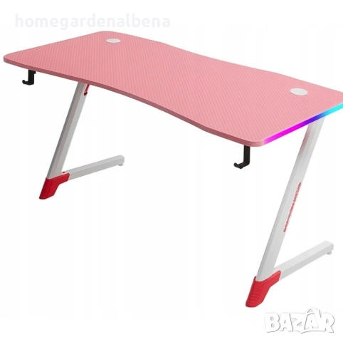 Розово геймърско бюро 140x60x75 см, RGB LED осветление, карбонов плот, стойка за слушалки и напитки, снимка 6 - Бюра - 54687161