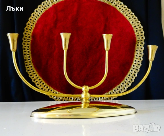 Позлатен четворен свещник от месинг., снимка 2 - Антикварни и старинни предмети - 54151419