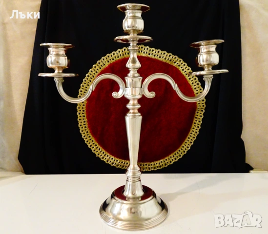 Посребрен троен свещник,чиста мед,35 см.,1.1 кг. , снимка 10 - Антикварни и старинни предмети - 54101805