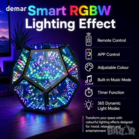 RGBW Infinity Mirror LED лампа с дистанционно и APP контрол (умно осветление), снимка 4 - Настолни лампи - 54910135