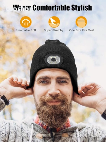Чисто нова Зимна шапка UNBON с Bluetooth 5.4 слушалки и LED челник, Черна, снимка 5 - Шапки - 54895685