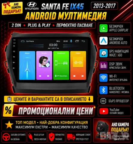 Мултимедия HYUNDAI SANTA FE, IX45 2013, 2017, 2 DIN, MP3 плеър с Екран Android, Навигация, Двоен дин