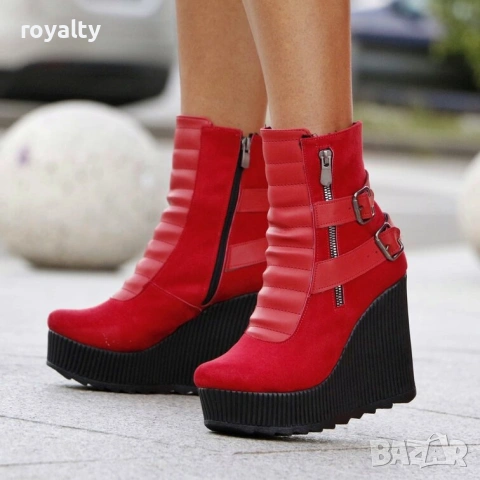 Боти на платформа - червен велур