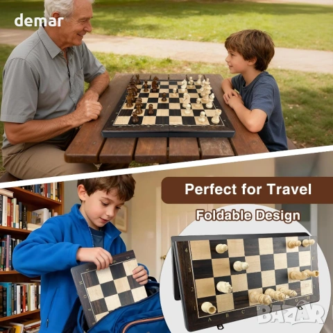 Дървен шахматен комплект магнитен – сгъваема шахматна дъска 39 см, 34 фигури, снимка 5 - Шах и табла - 54029231