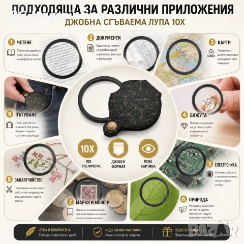 Професионална мощна увеличителна ръчна лупа 10X увеличение за четене мини джобна сгъваема за чанта, снимка 6 - Други инструменти - 50920242