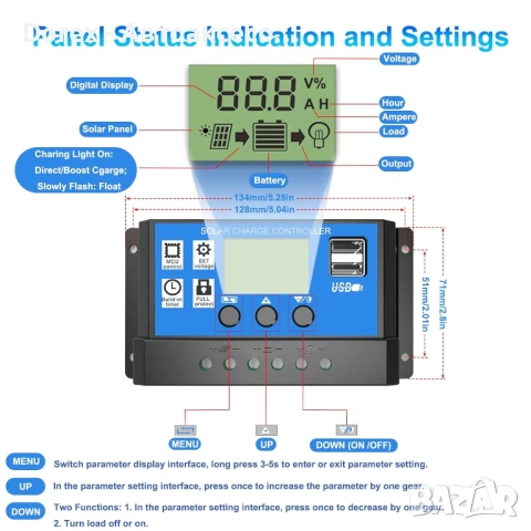 Соларен заряден контролер 20A PWM 12V/24V LCD, снимка 5 - Друга електроника - 54715219