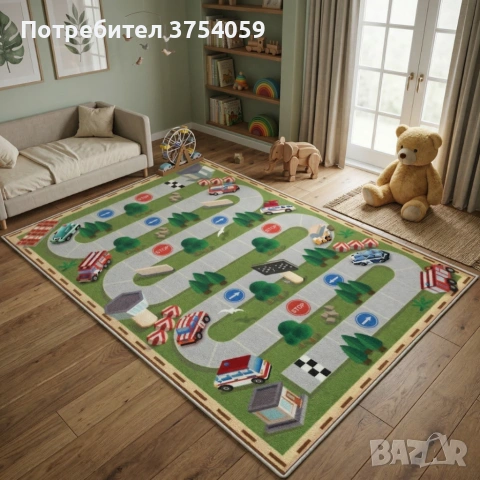 Детски килим за игра 120х160см - Тъмнозелен килим с автописта, противоплъзгащ и миещ се, снимка 3 - Килими - 55162627