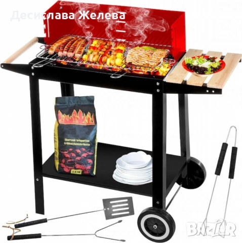 Градинско барбекю на колела, емайлирана стомана, 4 степени + Подарък 3 прибора, снимка 2 - Барбекюта - 54171053