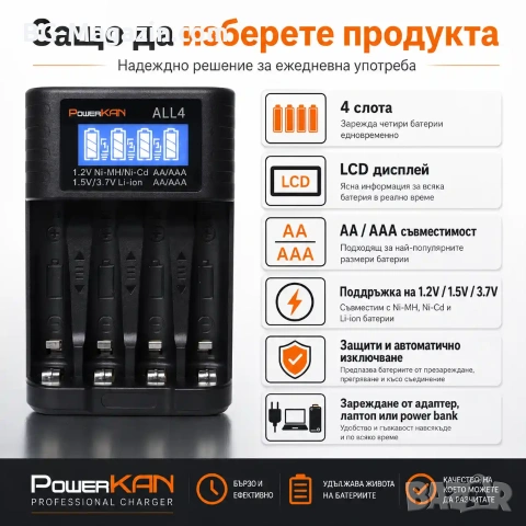 Универсално зарядно устройство PowerKAN ALL4 за 4 броя AA AAA батерии с автоматично разпознаване LCD, снимка 5 - Друга електроника - 54340553