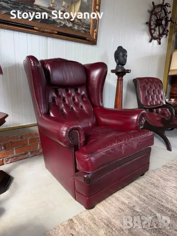 Елегантен кожен фотьойл с висока облегалка (wingback) в класически английски стил, снимка 4 - Дивани и мека мебел - 55398430