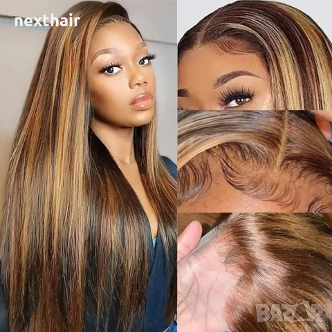 Естествена перука от бразилска коса 70-75 см - Lace Front 13x6, кафява с руси кичури, 200% плътност, снимка 2 - Аксесоари за коса - 54408154
