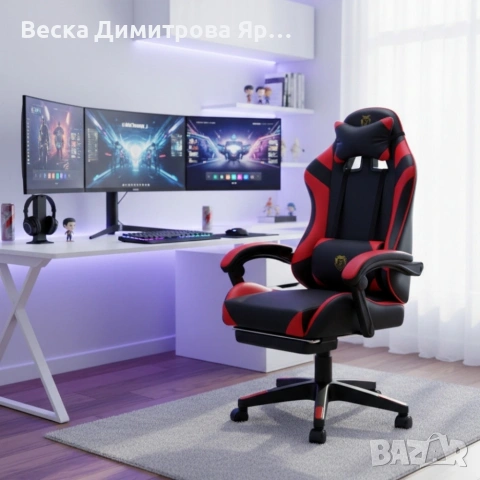 Удобен геймърски стол с поставка за крака и масажна лумбална възглавница, Черно-червен, снимка 3 - Столове - 53959405