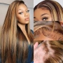 Естествена перука от бразилска коса 70-75 см - Lace Front 13x6, кафява с руси кичури, 200% плътност, снимка 2