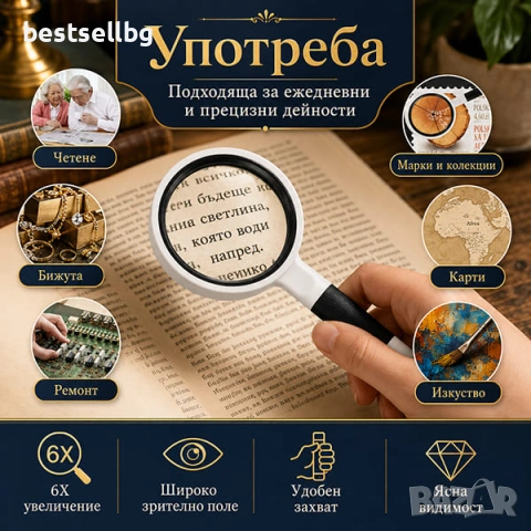 Стъклена мощна увеличителна ръчна лупа 6x увеличение четене документи, снимка 2 - Други инструменти - 46835966