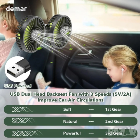 Yerloa USB автомобилни двойни вентилатори за задна седалка, снимка 4 - Аксесоари и консумативи - 54399728