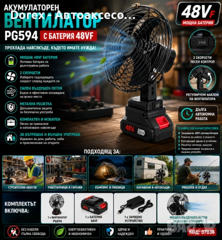 Акумулаторен вентилатор PG594 с батерия 48VF – Безжичен вентилатор с 2 скорости