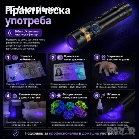 Мощен UV фенер 365nm презареждаем ултравиолетов фенер с черен филтър и Type-C, снимка 3 - Други инструменти - 55123770