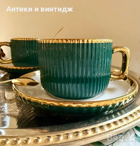 Нов порцеланов комплект за кафе/чай от 6 части – Изумрудено зелено и златно 