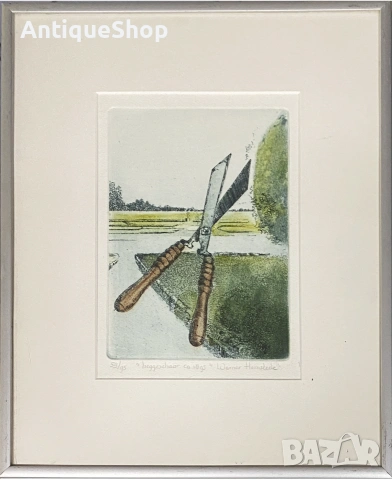 Стара картина, суха игла, литография, офорт, графика, подписана. Warner Hemstede