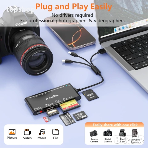 Нов проверен професионален 7 в 3 Карт Райдър USB C USB 3.0 Lightning за 5 карти едновременно, снимка 3 - Кабели и адаптери - 54542522