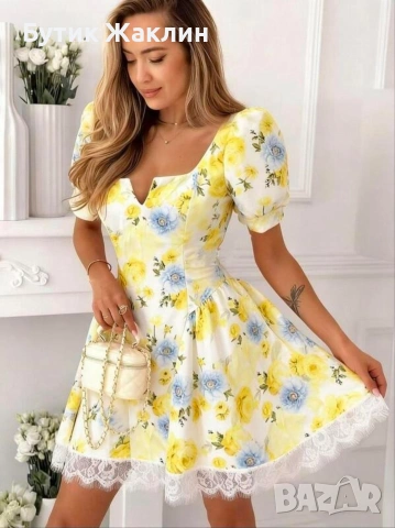 Дамска рокля на цветя с панделка и дантела, снимка 5 - Рокли - 54056360