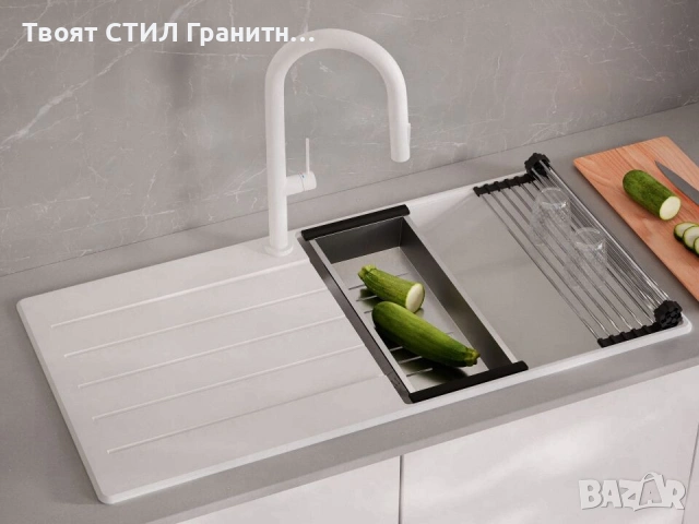 Бяла кухненска мивка от гранит Копенхаген 1000x500 Top 60