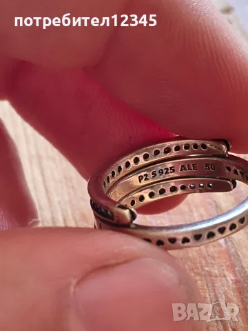 Оригинален сребърен пръстен Pandora Signature Logo Pavé & Beads – размер 50, снимка 7 - Пръстени - 55603096