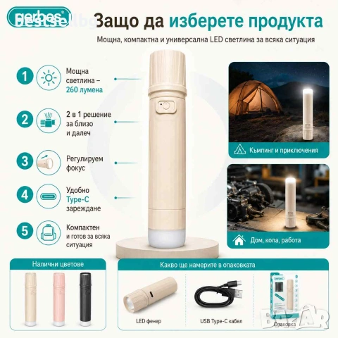 Акумулаторно LED фенерче Aerbes 260 лумена USB Type-C 800mAh с COB лампа и фокус, снимка 4 - Къмпинг осветление - 55154530
