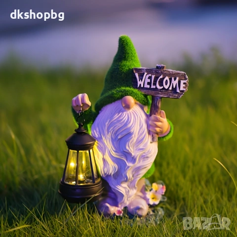 5008 Декоративна градинска фигура "Джудже" със соларна LED лампа и надпис "Welcome", 25 см, снимка 7 - Други стоки за дома - 54631031