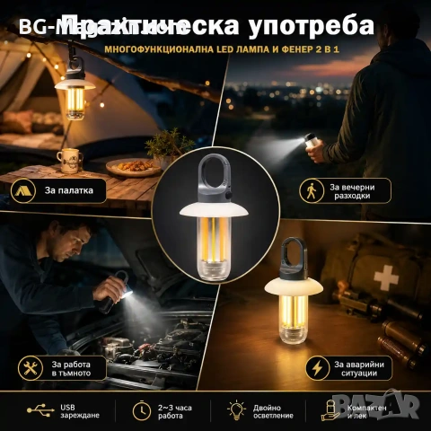 Мощна акумулаторна преносима LED лампа къмпинг осветление лед фенер за риболов туризъм палатка силна, снимка 3 - Къмпинг осветление - 51178731