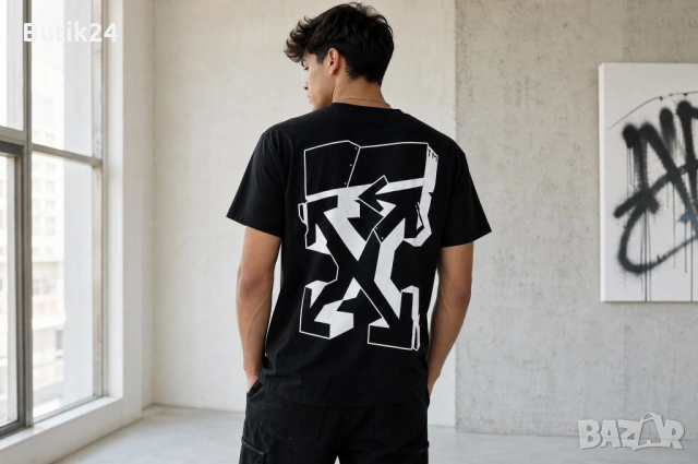 Мъжка тениска Off-White (Virgil Abloh) — черна с  голямо „Arrows" лого на гърба, regular fit, снимка 2 - Тениски - 54925360