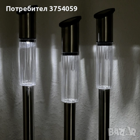 Комплект от 3 броя Led соларни лампи XL 57см - неръждаема стомана, сензор и до 8 часа светене, снимка 6 - Соларни лампи - 55161420