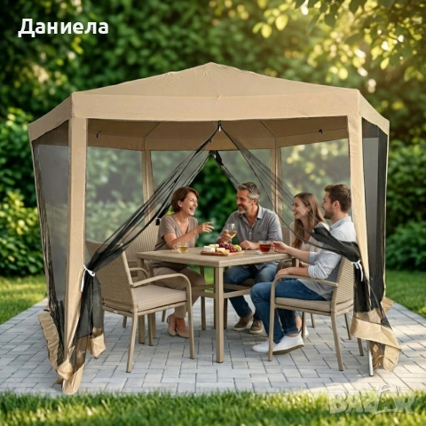 Шестоъгълна бежова градинска шатра 2x2x2x2.5 м с мрежа против комари, 2 входа, снимка 2 - Градински мебели, декорация  - 54749583