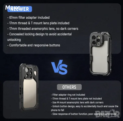 Кейдж NEEWER 15 Pro Cage [2nd Gen] за iPhone 15 pro, quick release, 67mm filter adapter, 17mm lens, снимка 4 - Калъфи, кейсове - 55411651