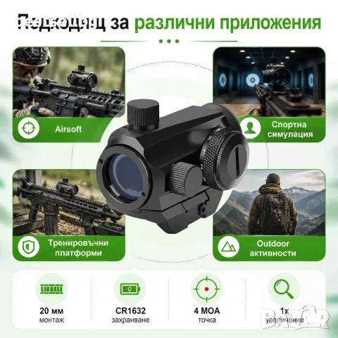 Малък тактически мерник бързомер 1х20 бързо закрепване пистолет пушка, снимка 7 - Оборудване и аксесоари за оръжия - 35888258