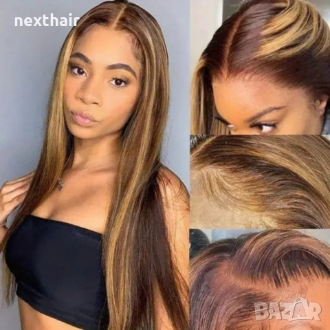 Естествена перука от бразилска коса 70-75 см - Lace Front 13x6, кафява с руси кичури, 200% плътност