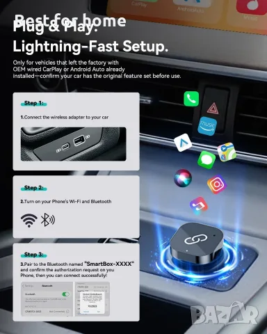 Spedal 2026 Безжичен CarPlay адаптер USB C, Plug & Play Auto-Connect, Съвместим с автомобили от 2016, снимка 6 - Аксесоари и консумативи - 55333649