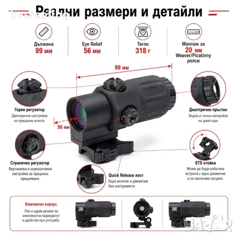 Тактически увеличител за прицел 3x увеличение STS бърз монтаж Weaver база пикатини 20mm за лов пушка, снимка 4 - Оборудване и аксесоари за оръжия - 54109940