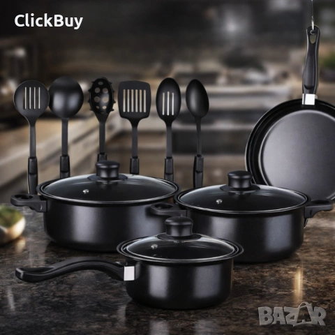 Комплект съдове за готвене от 13 части,незалепващо покритие,за използване на индукционни котлони и п