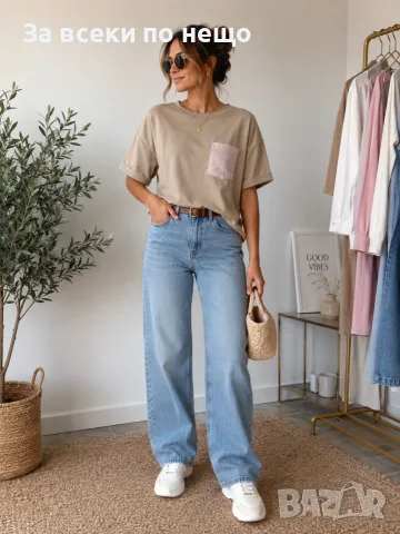 Стилна Дамска Тениска С Блестящ Джоб И Свободна Кройка👕Дамска Блуза С Къс Ръкав - 4 Цвята Код A1639, снимка 2 - Тениски - 55367621