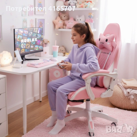 Ергономичен розов геймърски стол с поставка за крака - регулируема облегалка и 2 възглавници за пове, снимка 2 - Столове - 53966402